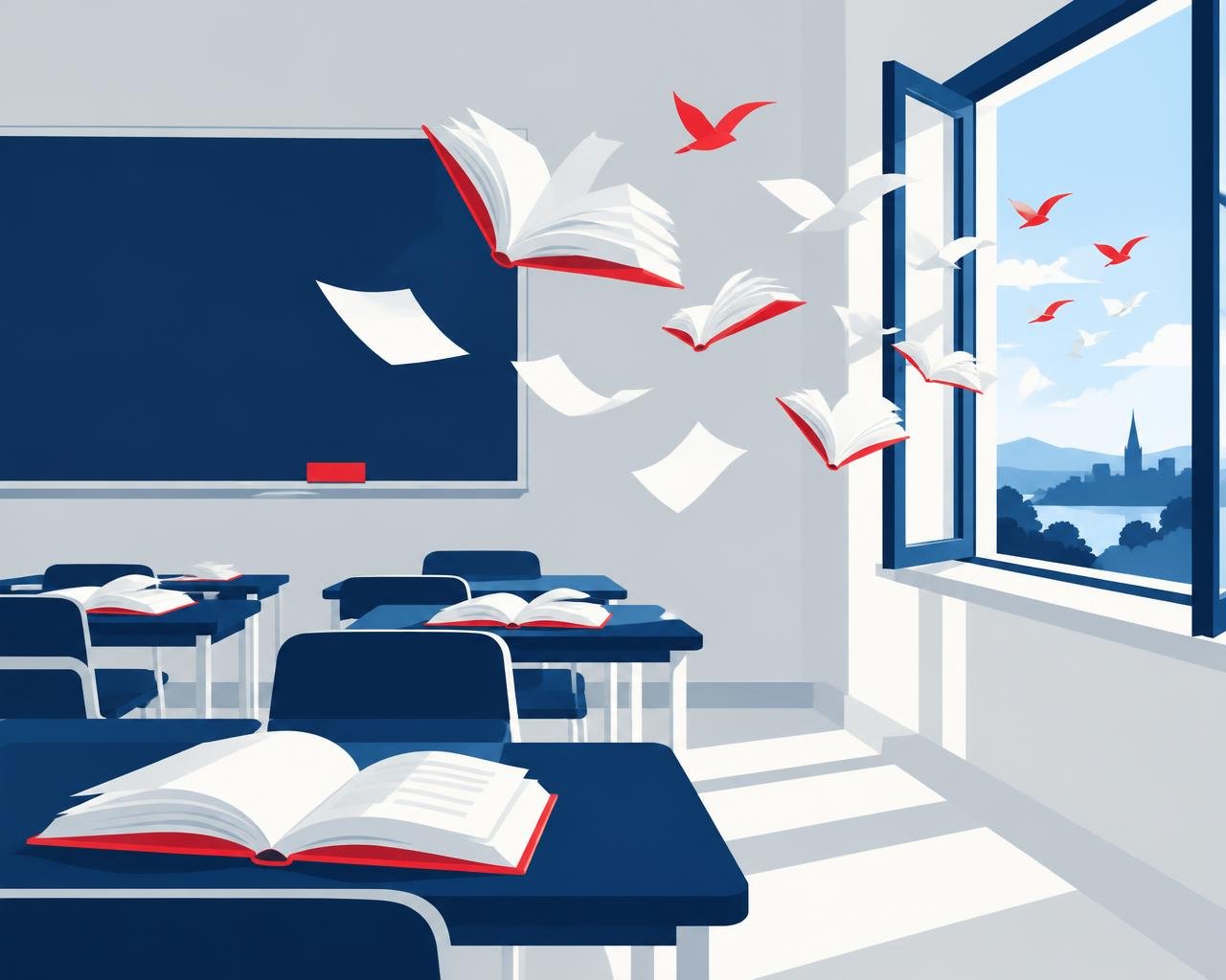 Ilustración conceptual: un aula vacía con libros que vuelan hacia una ventana abierta, símbolo de libertad para pensar